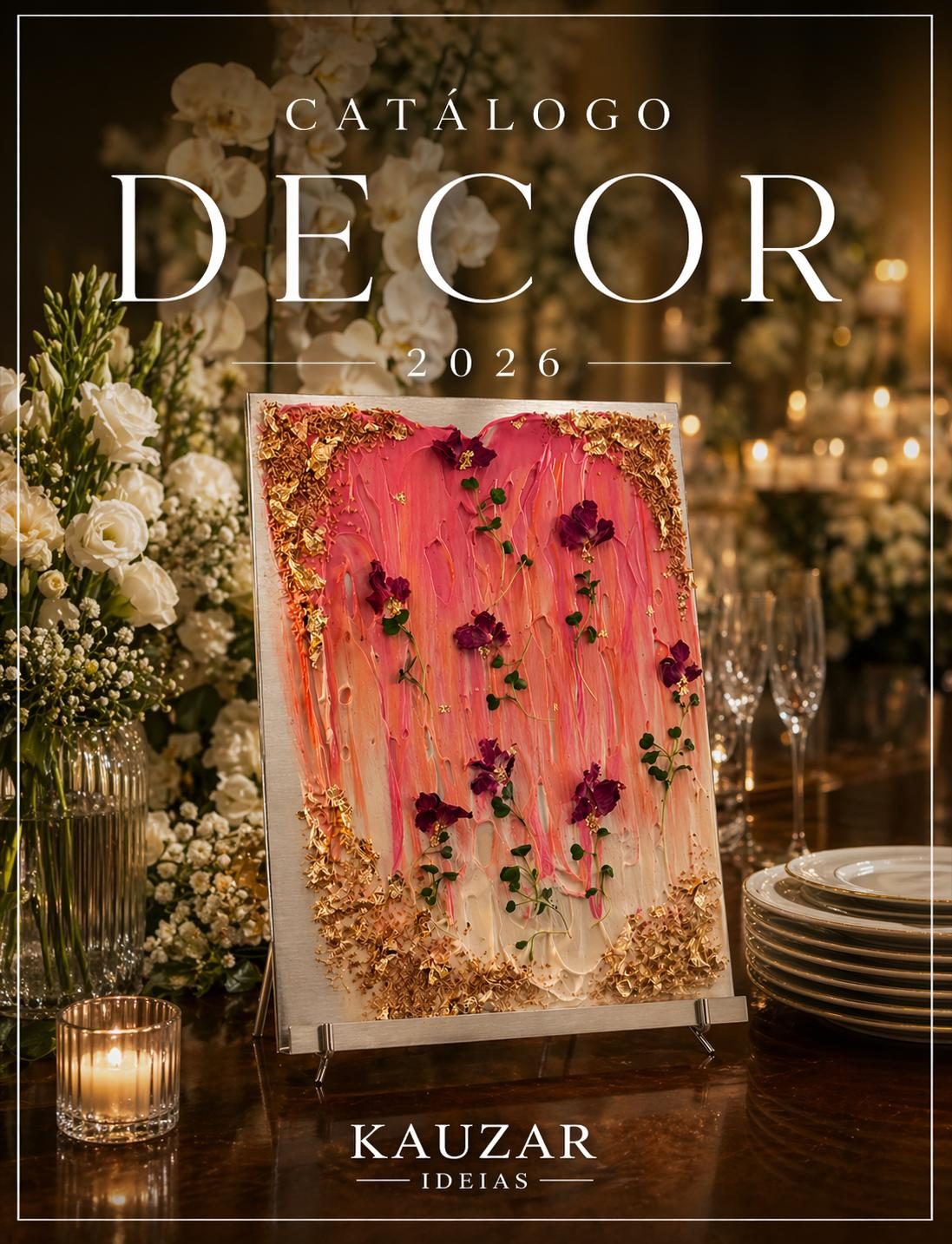 Catálogo Decor 2026 — tela gourmet Kauzar em mesa de casamento