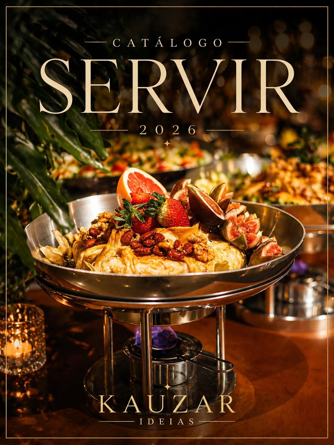 Catálogo Servir 2026 — réchaud Kauzar em buffet de evento