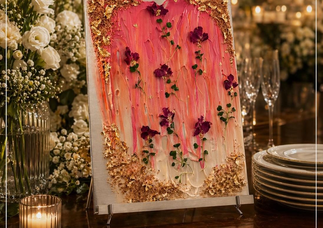 Ambientação Kauzar — tela gourmet em mesa de evento com flores e velas